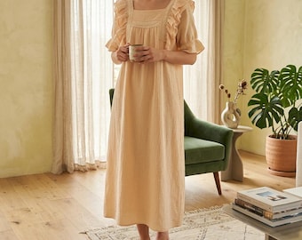 Camisón de algodón transpirable de manga corta para mujer, vestido de pijama holgado, ropa de estar por casa para verano y primavera, regalo.