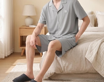 Mens Cooling Pajama Set Breathable Summer Lounge Set Short Sleeve Button Sleepwear Soft Homewear Gift For Him Fathers Day