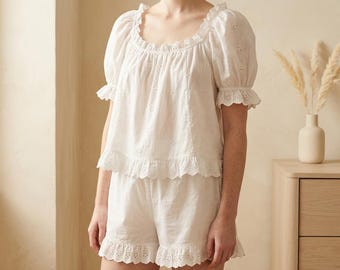 White Cotton Pajama Set Lace Trim Sleepwear Cottagecore Lounge Set Ruffle Shorts Nightwear Bridal Pajama Outfit