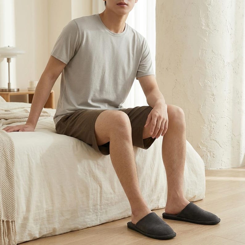 May include: A light gray short-sleeved crew neck t-shirt paired with dark brown shorts and dark gray slip-on slippers. The t-shirt features a simple design with a round neckline and short sleeves, while the shorts are knee-length and solid-colored.
