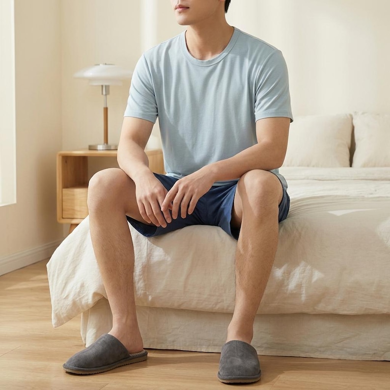 May include: A light blue short-sleeved crew neck t-shirt paired with dark blue shorts and grey slip-on slippers. The t-shirt features a simple design with a round neckline and short sleeves, while the shorts are solid dark blue and the slippers are grey.