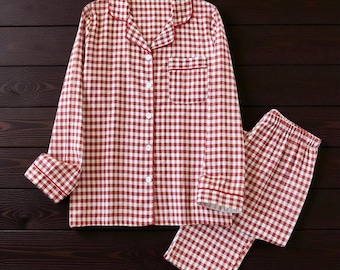 Cotton Gingham Pajama Set for Women – Long Sleeve Sleepwear Loungewear, Soft Button Down PJs, Holiday Gift, Cozy Winter Outfit