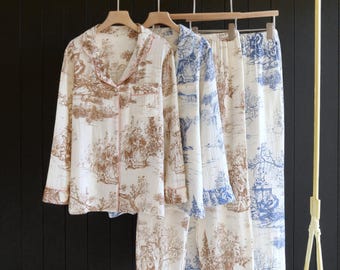 Cotton Toile Pajama Set Women’s Long Sleeve Sleepwear | Vintage Loungewear with Piping Trim | Cozy Christmas Gift for Her | Fall winter
