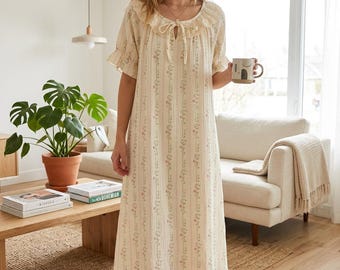Cotton Gauze Nightgown Loose Summer Pajama Dress Women Breathable Sleepwear Lightweight Loungewear Birthday Gift Spring Summer