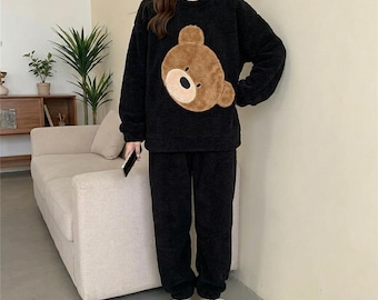 Fleece Women Pajama Set Warm Winter Sleepwear Plaid Pants Soft Cozy Homewear Lounge Set