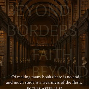 May include: Interior view of the Old Library, Trinity College, Dublin, Ireland. The image shows arched ceilings, bookshelves, and busts. Text includes "Faith Beyond Borders" and a quote from Ecclesiastes 12:12.