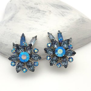 Blue Rhinestone Clip On Earrings, Vintage Jewelry Flower Earrings for Women, Silver Color Statement, 1950s Costume Jewelry Gift for Her Mom image 1