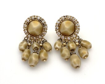 Rare NETTIE ROSENSTEIN Clip On Earrings, Vintage Jewelry Rhinestone Bead Earrings for Women, Statement Earrings Gold Tone Designer Signed