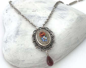 Unique One of a Kind Micro Mosaic Flower Pendant Necklaces for Women, Vintage Repurposed Layering Necklace Silver Color Red Blue Filigree