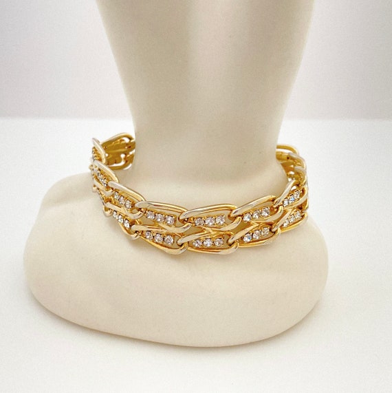 Vintage Jewelry Rhinestone Bracelet, Gold Color T… - image 6