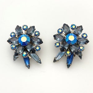 Blue Rhinestone Clip On Earrings, Vintage Jewelry Flower Earrings for Women, Silver Color Statement, 1950s Costume Jewelry Gift for Her Mom image 5