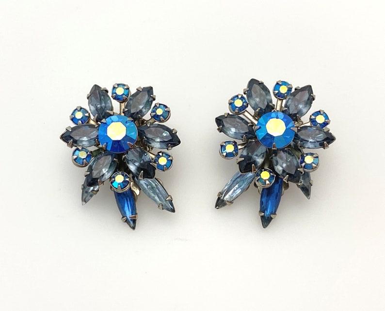 Blue Rhinestone Clip On Earrings, Vintage Jewelry Flower Earrings for Women, Silver Color Statement, 1950s Costume Jewelry Gift for Her Mom image 5