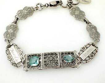 Vintage Repurposed Art Deco Bracelet, Sterling Silver Unique One of a Kind Bracelets for Women, Estate Jewelry Forget Me Not Handmade Gifts