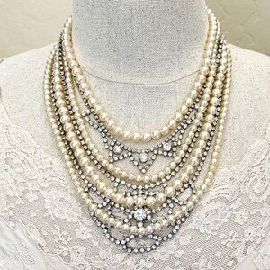 Pearl and Rhinestone Statement Jewelry Necklace, Bib Necklaces for Women, Vintage Assemblage Multi Strand Vintage Jewelry Bridal Necklace image 1