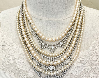 Pearl and Rhinestone Statement Jewelry Necklace, Bib Necklaces for Women, Vintage Assemblage Multi Strand Vintage Jewelry Bridal Necklace