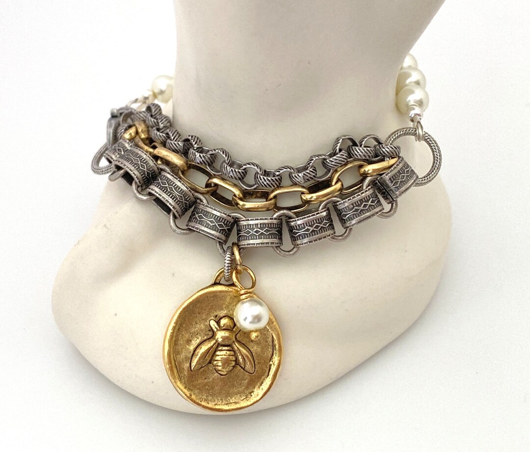 Handmade Gifts Honey Bee Charm Bracelet, Mixed Metal Pearl Bracelets