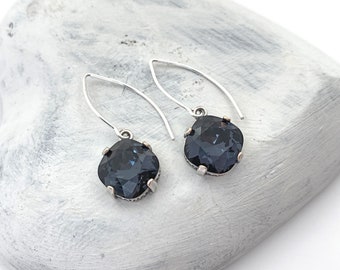 Swarovski Crystal Earrings for Women Sterling Silver Pierced Earrings, Black Crystal Drop Modern Chic Simple Everyday Earrings