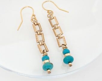 Turquoise Gemstone Dangle Earrings, Gold Filled Lightweight Pierced Earrings for Women Handmade Gifts Unique One of a Kind Watch Chain