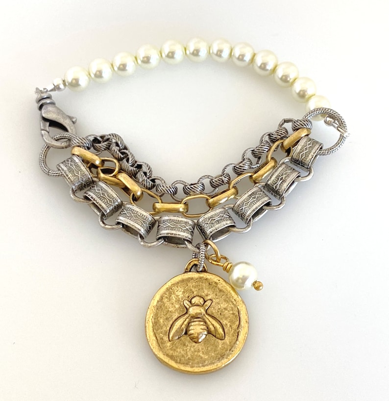 Handmade Gifts Honey Bee Charm Bracelet, Mixed Metal Pearl Bracelets