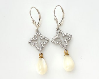 Unique Earrings, Maltese Cross Earrings Clear Rhinestone Mother of Pearl Drops, Sterling Silver Pierced Earrings, Simple Lightweight Gift