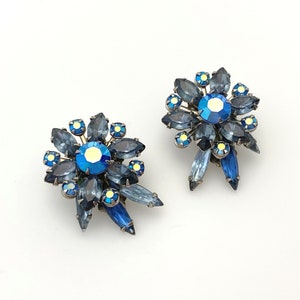 Blue Rhinestone Clip On Earrings, Vintage Jewelry Flower Earrings for Women, Silver Color Statement, 1950s Costume Jewelry Gift for Her Mom image 6