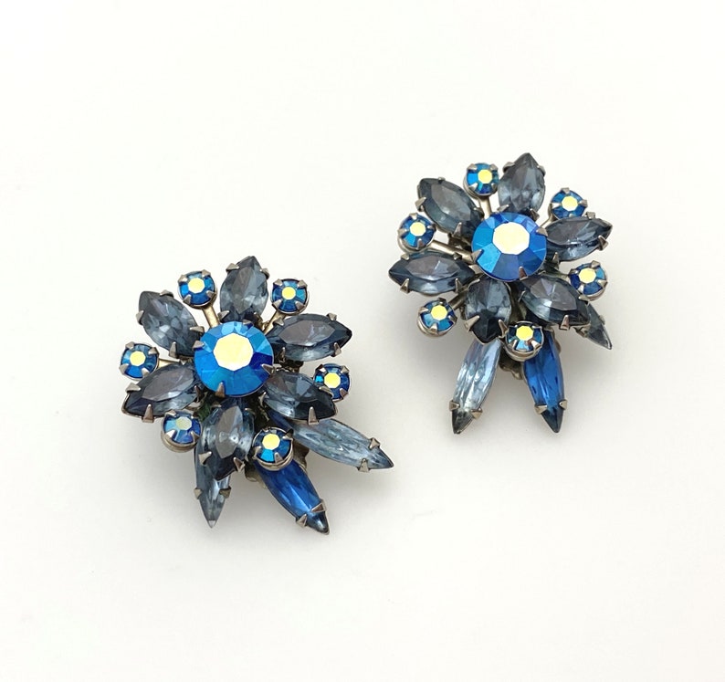 Blue Rhinestone Clip On Earrings, Vintage Jewelry Flower Earrings for Women, Silver Color Statement, 1950s Costume Jewelry Gift for Her Mom image 6