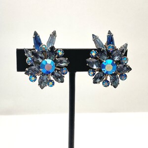 Blue Rhinestone Clip On Earrings, Vintage Jewelry Flower Earrings for Women, Silver Color Statement, 1950s Costume Jewelry Gift for Her Mom image 3