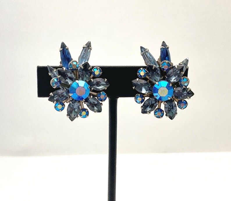 Blue Rhinestone Clip On Earrings, Vintage Jewelry Flower Earrings for Women, Silver Color Statement, 1950s Costume Jewelry Gift for Her Mom image 3