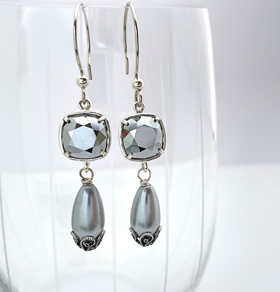 Swarovski Crystal Earrings Gray Pearl Earrings for Women Dangle Silver Pierced Earrings Handmade Gifts Unique Original Design Etsy