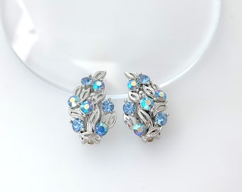 LISNER Earrings, 1950s Vintage Jewelry Blue Rhinestone Clip On Earrings for Women Silver Tone Color Gift for Her Non Pierced Aurora Borealis