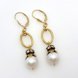 Pearl Earrings for Women, Pearl Drop Rhinestone Earrings June Birthstone Handmade Gifts Gold Tone Rhinestone Pierced Earrings image 1