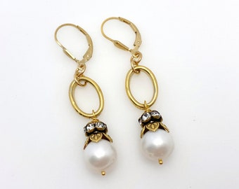 Pearl Earrings for Women, Pearl Drop Rhinestone Earrings June Birthstone Handmade Gifts Gold Tone Rhinestone Pierced Earrings