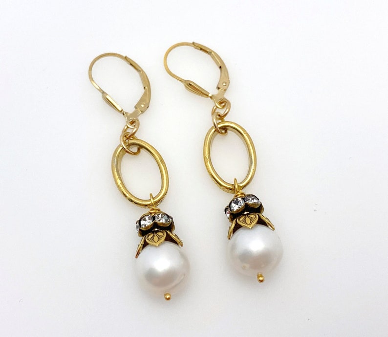 Pearl Earrings for Women, Pearl Drop Rhinestone Earrings June Birthstone Handmade Gifts Gold Tone Rhinestone Pierced Earrings image 1