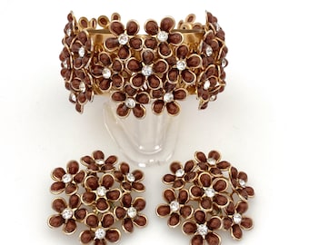 Vintage Jewelry Statement Cuff Bracelet Set, Flower Clip On Earrings Set Rhinestone Set 1960s Retro Chocolate Brown Bracelets for Women Gift