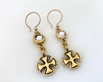 Maltese Cross Dangle Pierced Earrings, Gold Color Long Dangle Everyday Earrings for Women, Crystal Earrings Handmade Jewelry Gift Idea