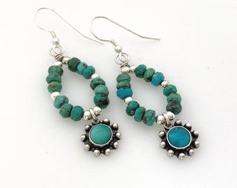 Handmade Sterling Silver Turquoise Bead Earrings for Women, BoHo Southwest Pierced Earrings Handmade Gifts Dangle Earrings