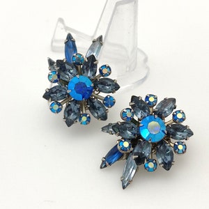 Blue Rhinestone Clip On Earrings, Vintage Jewelry Flower Earrings for Women, Silver Color Statement, 1950s Costume Jewelry Gift for Her Mom image 2