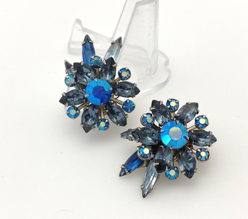 Blue Rhinestone Clip On Earrings, Vintage Jewelry Flower Earrings for Women, Silver Color Statement, 1950s Costume Jewelry Gift for Her Mom image 2