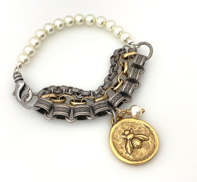 Handmade Gifts Honey Bee Charm Bracelet, Mixed Metal Pearl Bracelets