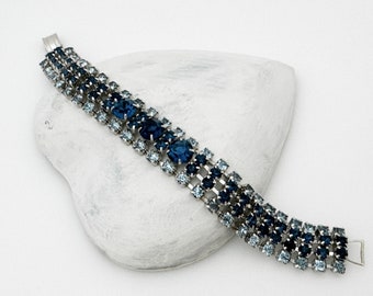 Vintage Jewelry Blue Rhinestone Bracelet, 1950s Retro Costume Jewelry Bracelets for Women, Silver Tone Color Sapphire Blue