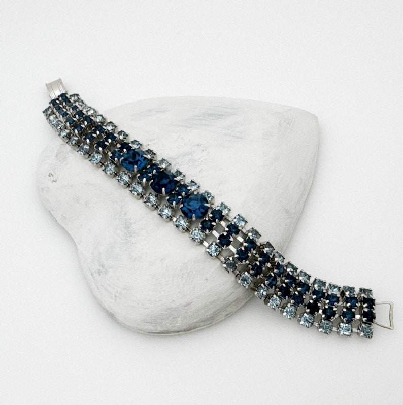 Vintage Jewelry Blue Rhinestone Bracelet, 1950s Retro Costume Jewelry Bracelets for Women, Silver Tone Color Sapphire Blue image 1