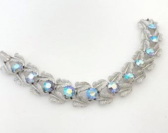 CORO armband, vintage strass blauwe Aurora Borealis link armband, zilver toon kleur, ontwerper ondertekend Coro sieraden armbanden voor vrouwen