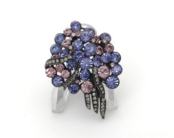 JOAN RIVERS Jewelry Crystal Flower Brooch, Purple Pink Rhinestone Gunmetal Flower Bouquet Pin Brooches for Women Signed