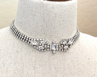 Vintage Rhinestone Choker Necklace, Clear Rhinestone Silver Color 1950s Costume Jewelry Necklaces for Woman Adjustable Bridal Necklace