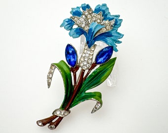 Early 1930's unsigned Blue Enamel Flower Brooch Vintage Jewelry Rhinestone Brooches for Women Statement Carnation Flower Pin Unsigned Coro