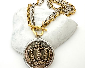 French Coin Pendant Necklace Paris Coin w Crown, Unique Statement Necklaces for Women Large Coin Silver and Gold Multi Chain Handmade Gifts