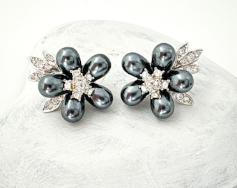 NOLAN MILLER Pearl Crystal Clip On Earrings, Gray Pearl Flower Earrings for Women Clear Crystal Earrings, Silver Tone Statement Earrings