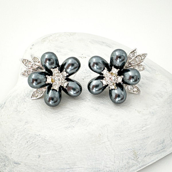Nolan Miller Gray Pearl Crystal Clip On Earrings Designer Silver Tone Statement Flower Jewelry Women