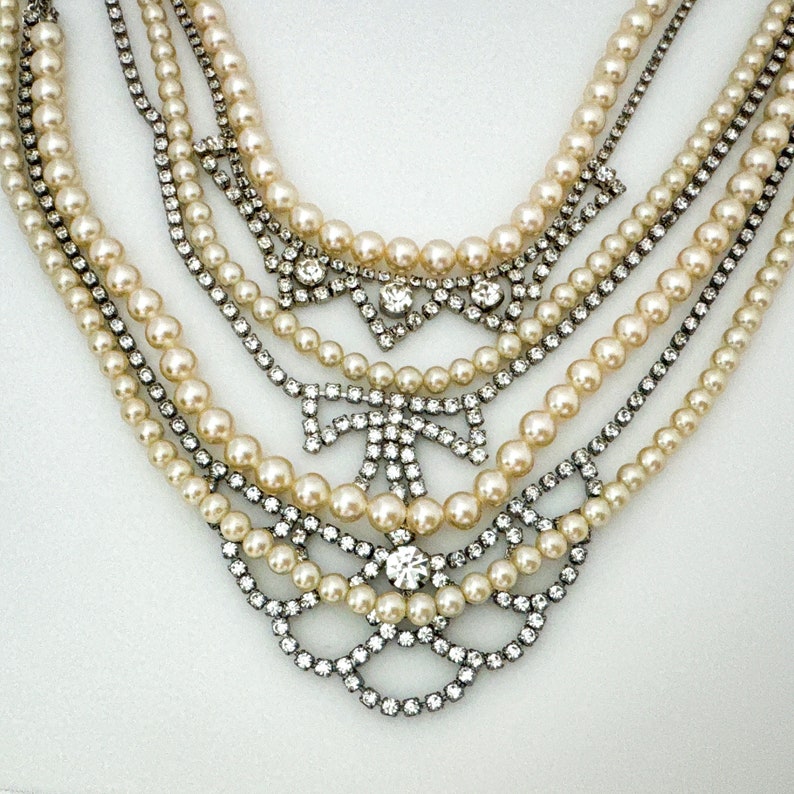 Pearl and Rhinestone Statement Jewelry Necklace, Bib Necklaces for Women, Vintage Assemblage Multi Strand Vintage Jewelry Bridal Necklace image 6