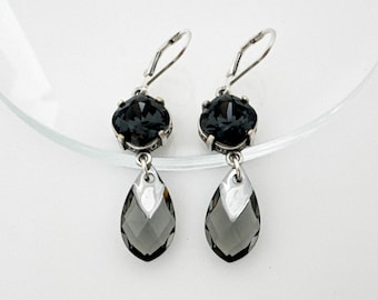 Swarovski Crystal Dangle Earrings, Black and Silver Metallic Teardrop Earrings for Women, Crystal Drop Lightweight  Earrings for Women Gift